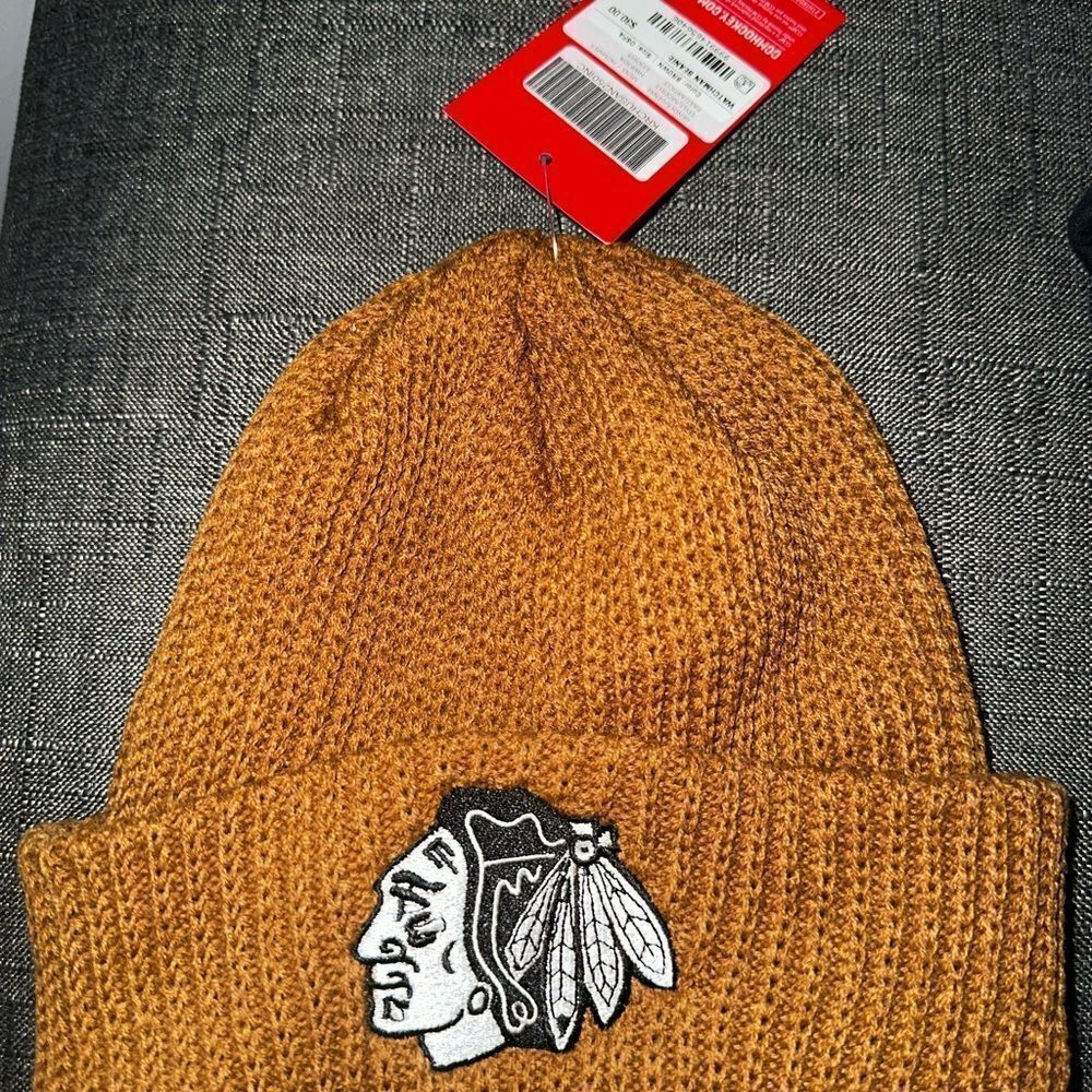 Brown Knit Beanie with Chicago Blackhawks Logo